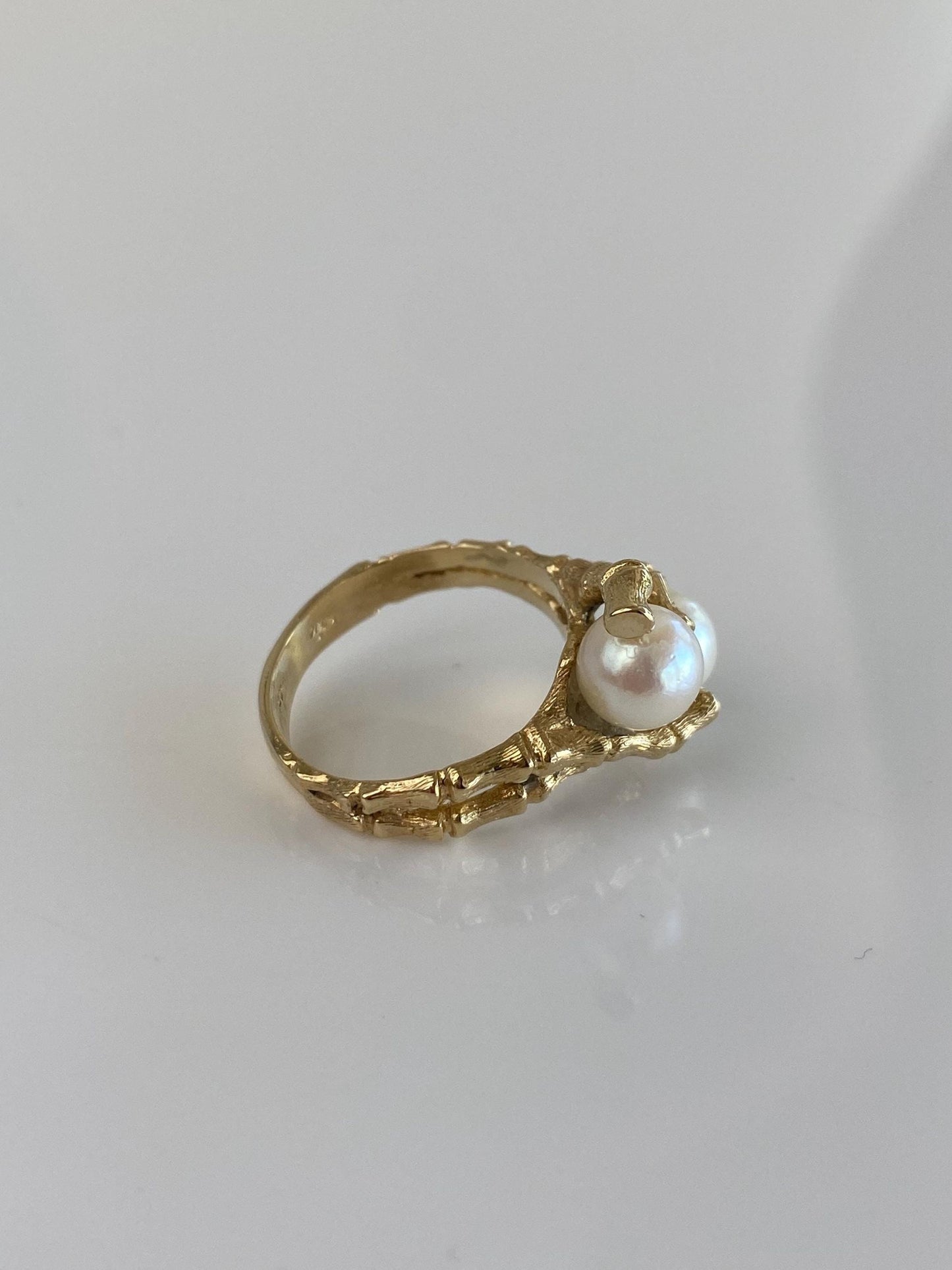 Vintage Solid 14k Yellow Gold Pearls Bamboo Ring - Size 6