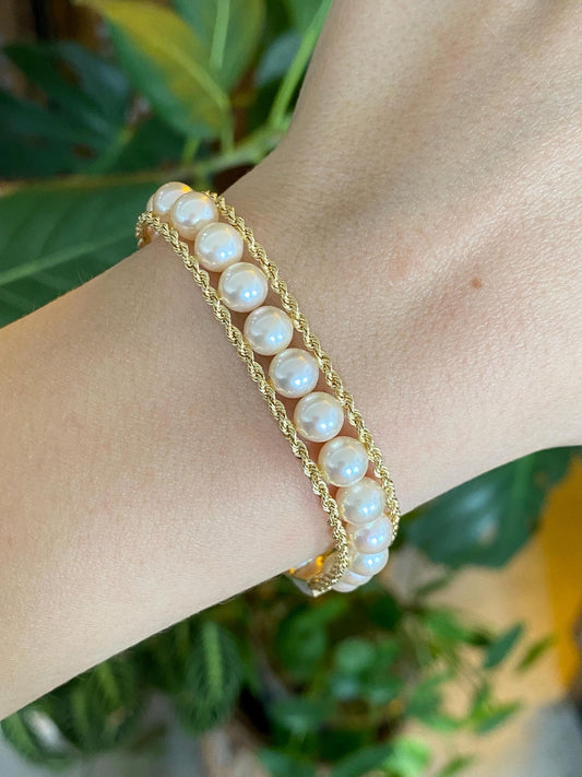 Vintage Solid 14k Yellow Gold Pearl Rope Chain Bracelet - 7.25 inches