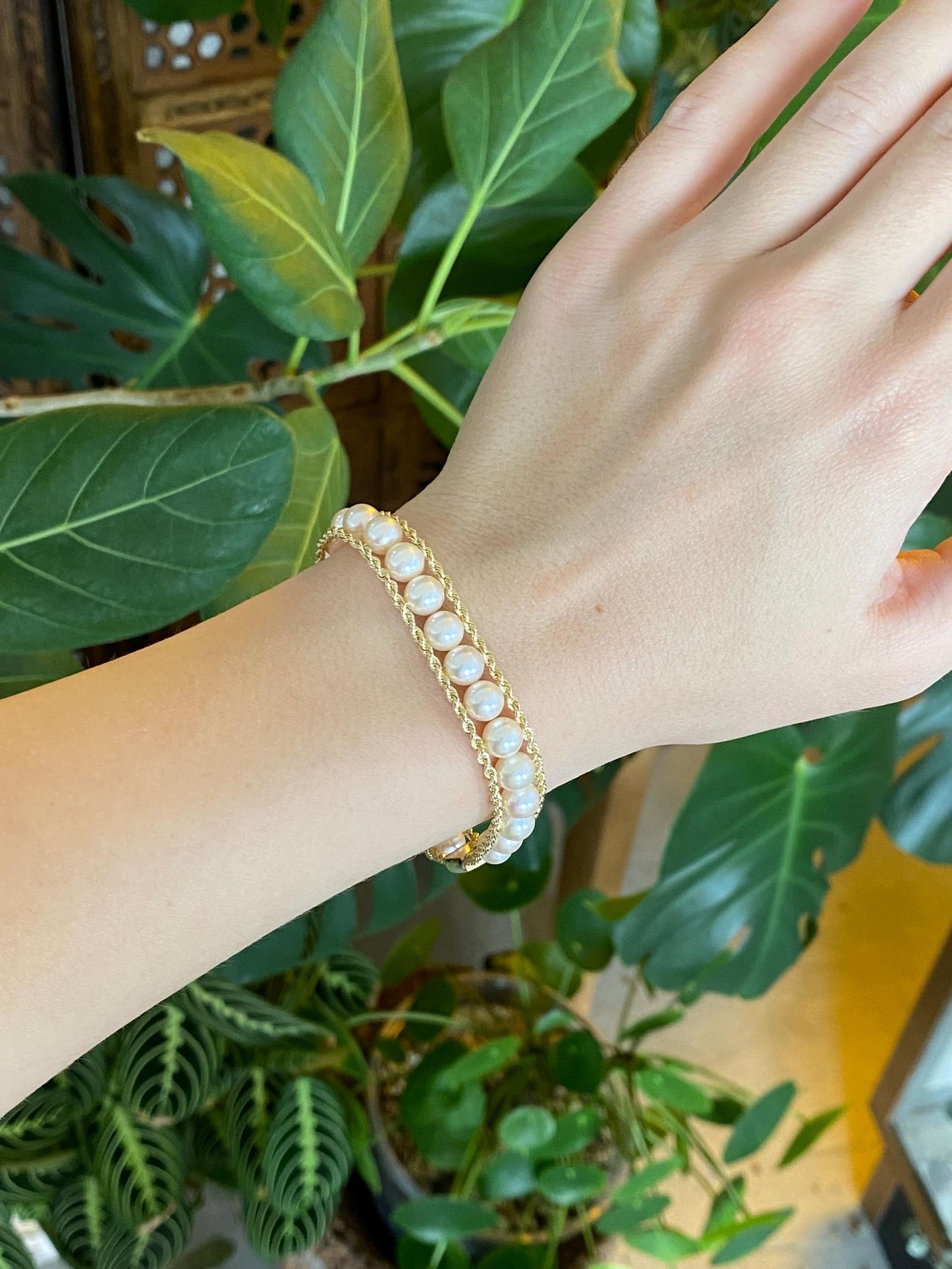 Vintage Solid 14k Yellow Gold Pearl Rope Chain Bracelet - 7.25 inches