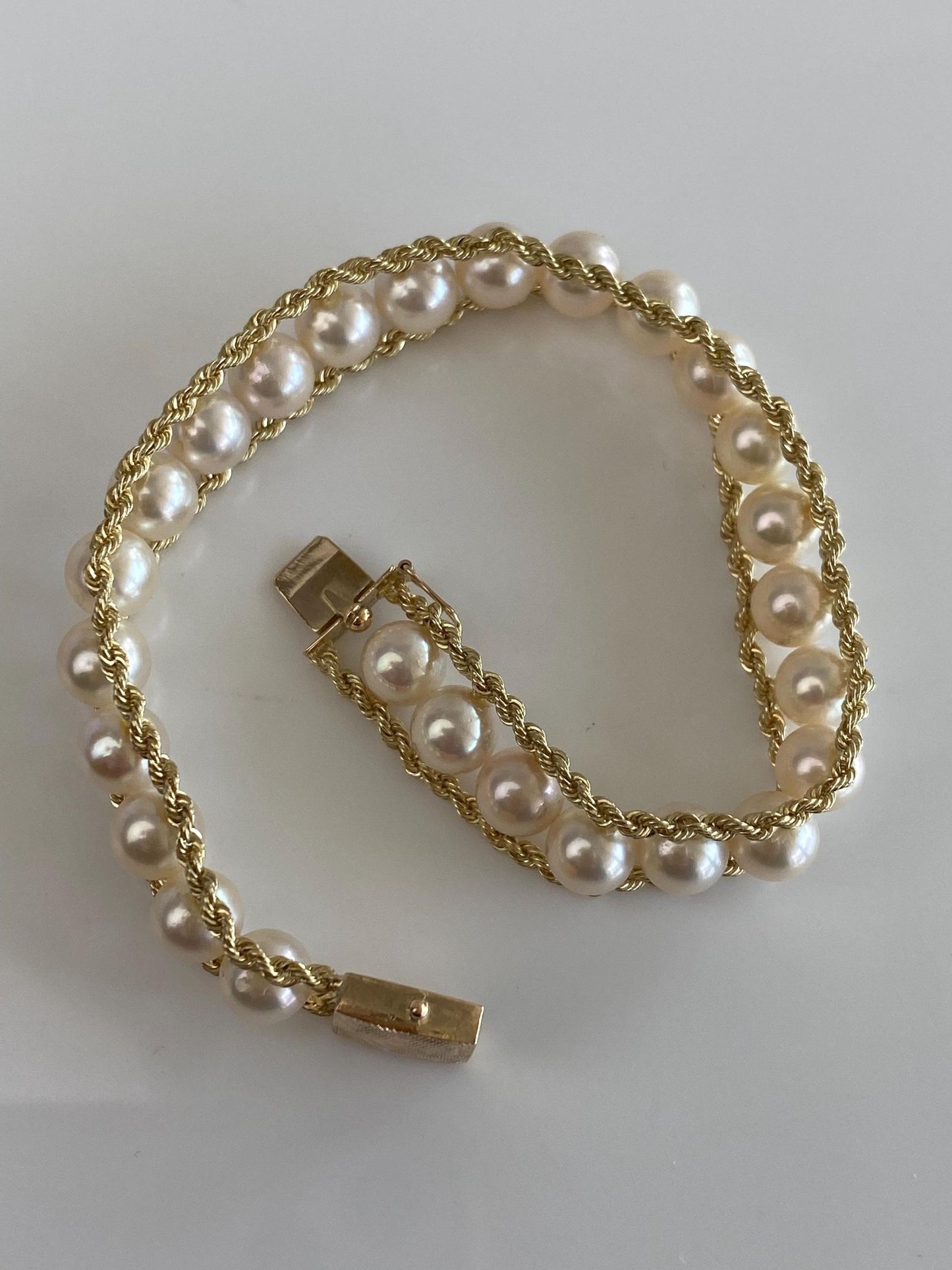 Vintage Solid 14k Yellow Gold Pearl Rope Chain Bracelet - 7.25 inches
