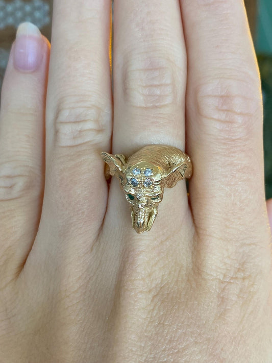 Vintage Solid 14k White & Yellow Gold Diamond Emerald Eyes Elephant Ring - Size 6.5