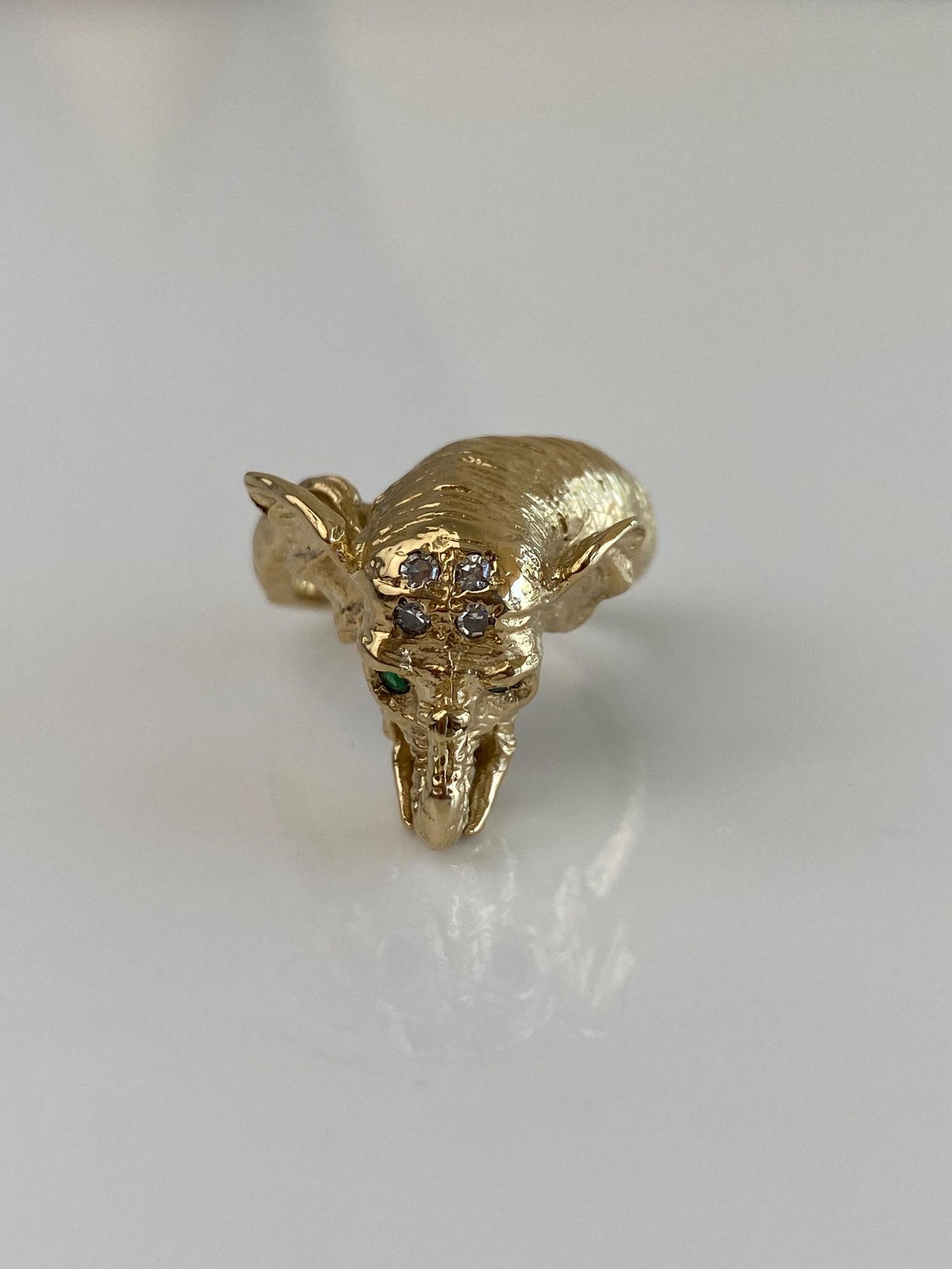 Vintage Solid 14k White & Yellow Gold Diamond Emerald Eyes Elephant Ring - Size 6.5
