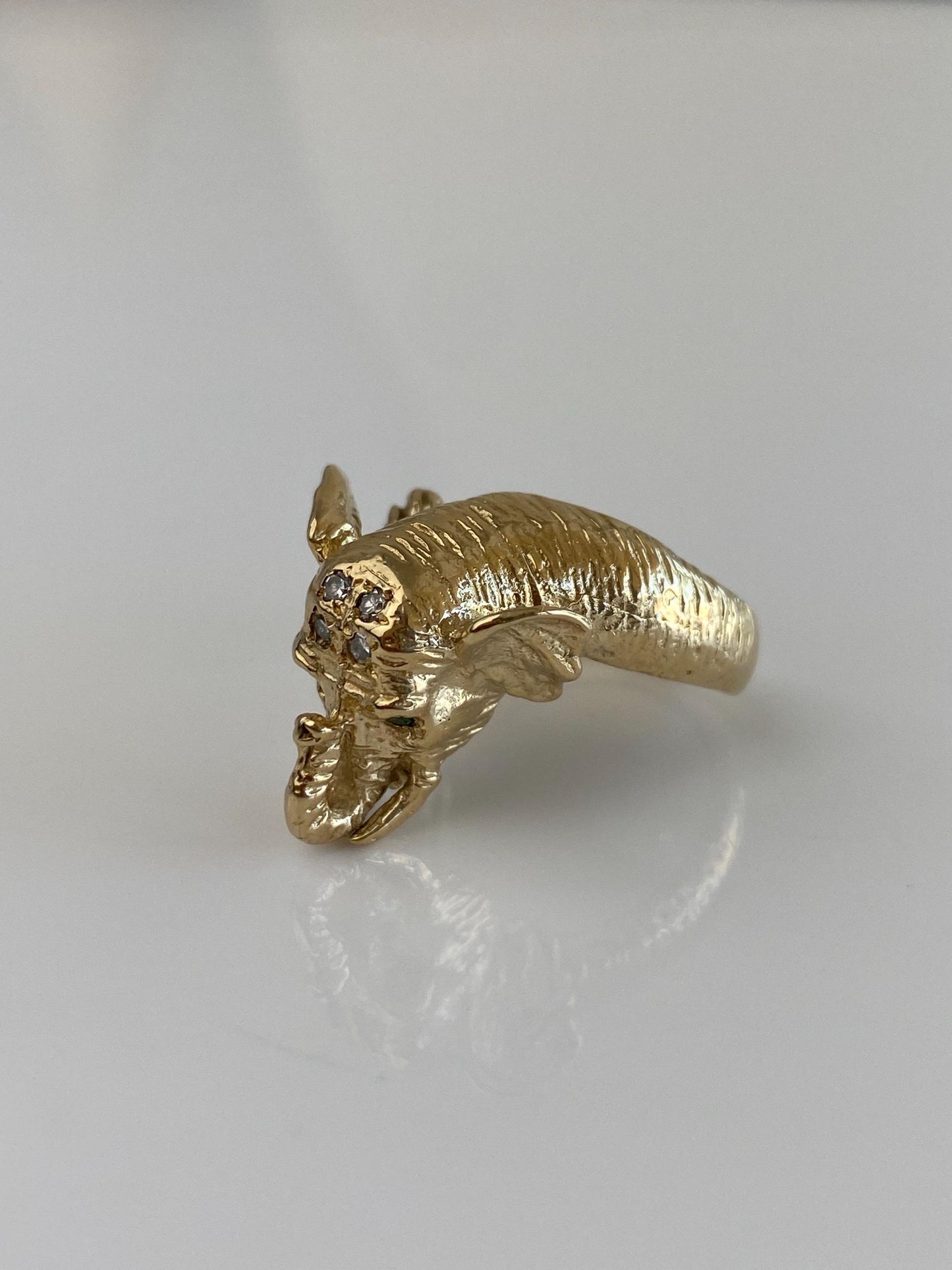 Vintage Solid 14k White & Yellow Gold Diamond Emerald Eyes Elephant Ring - Size 6.5