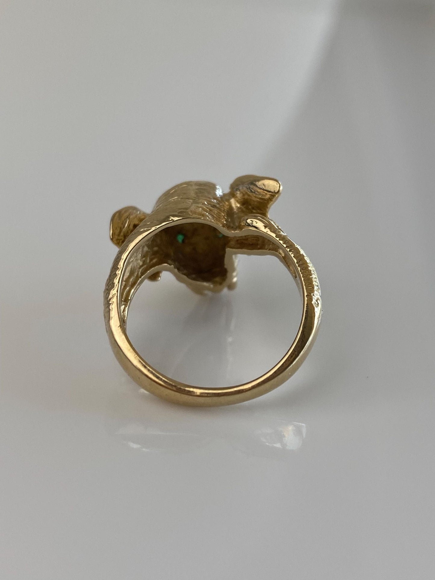 Vintage Solid 14k White & Yellow Gold Diamond Emerald Eyes Elephant Ring - Size 6.5