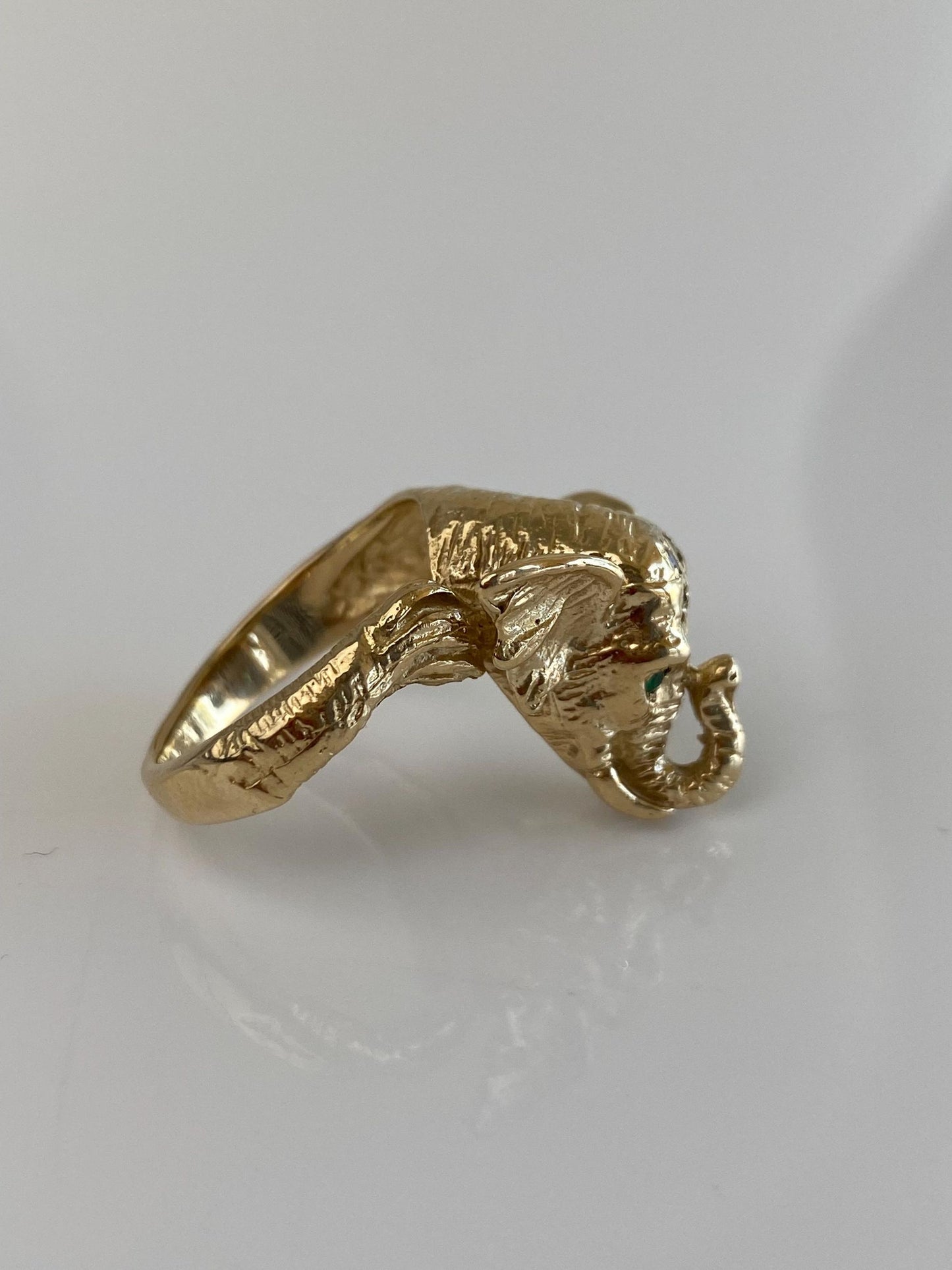 Vintage Solid 14k White & Yellow Gold Diamond Emerald Eyes Elephant Ring - Size 6.5