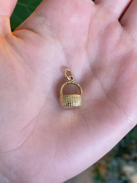 Vintage Solid 14k Yellow Gold Basket Charm