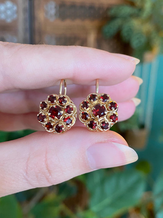 Vintage Solid 14k Yellow Gold Garnet Cluster Drop Earrings
