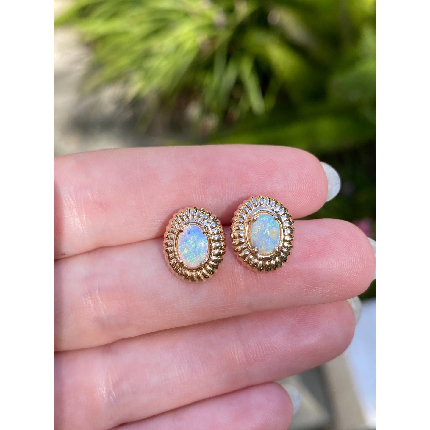 Vintage Solid 14k Yellow Gold Opal Stud Earrings
