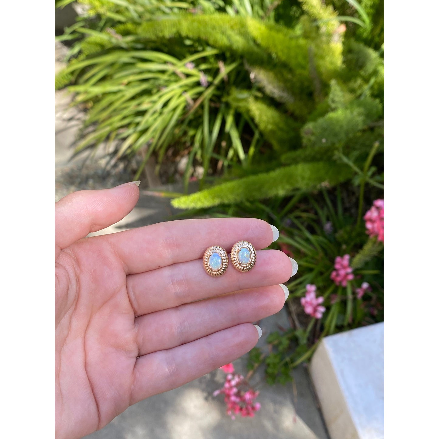 Vintage Solid 14k Yellow Gold Opal Stud Earrings