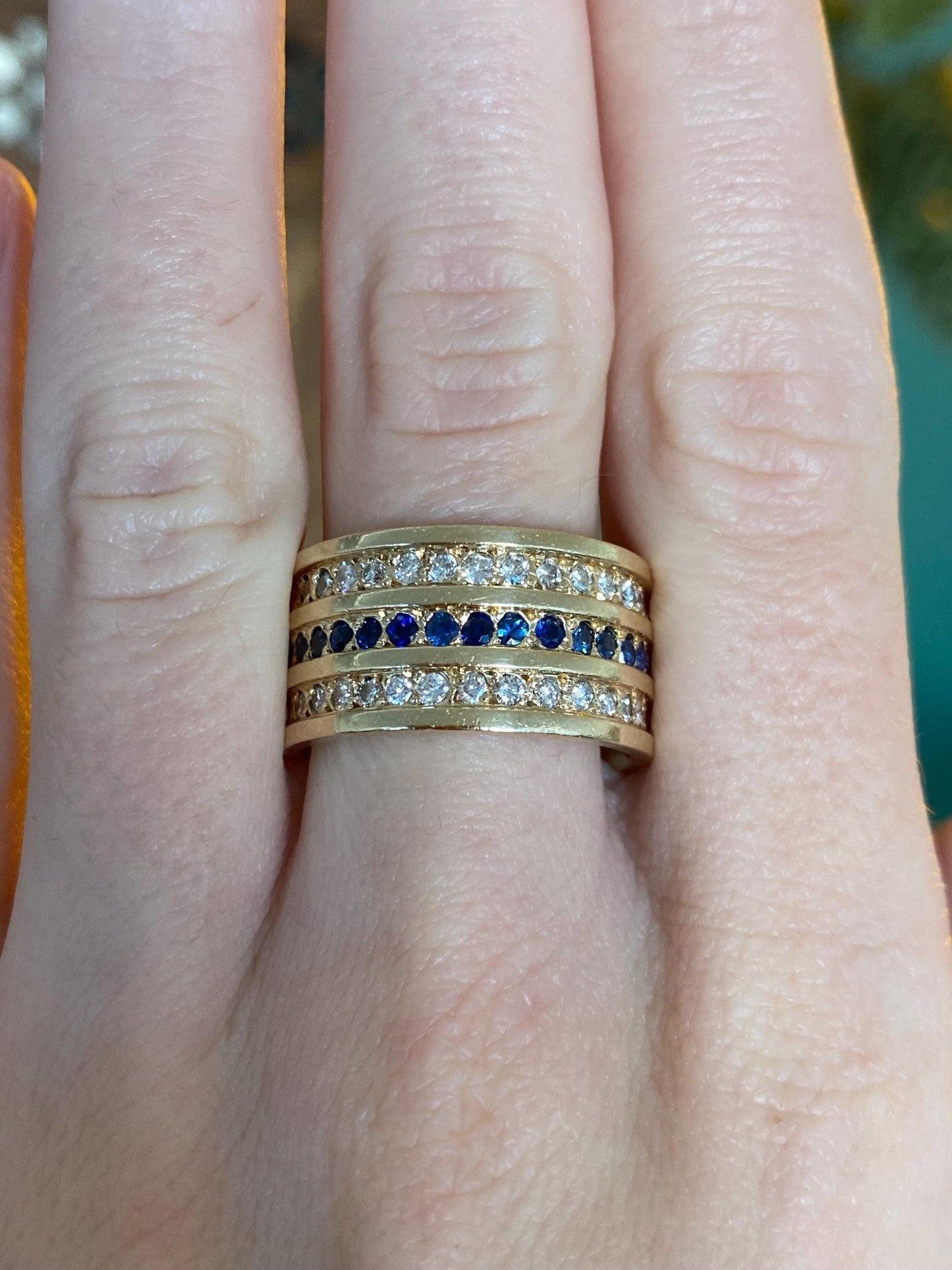 Vintage Solid 14k Yellow Gold Diamond Blue Sapphire Wide Ring Band - Size 8.5