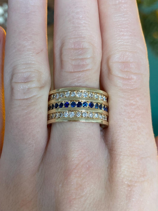 Vintage Solid 14k Yellow Gold Diamond Blue Sapphire Wide Ring Band - Size 8.5