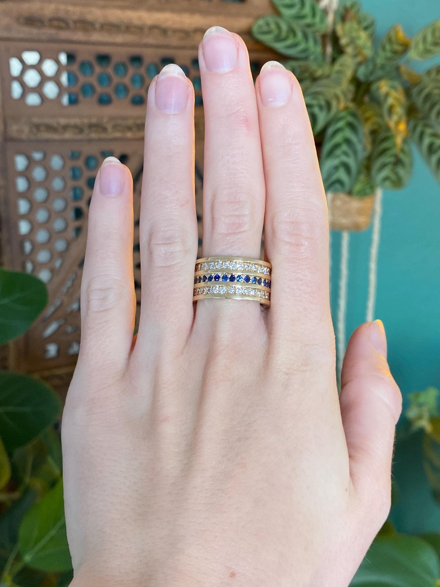 Vintage Solid 14k Yellow Gold Diamond Blue Sapphire Wide Ring Band - Size 8.5