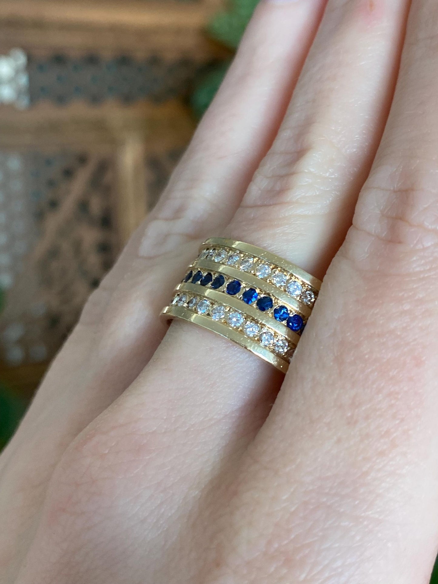 Vintage Solid 14k Yellow Gold Diamond Blue Sapphire Wide Ring Band - Size 8.5