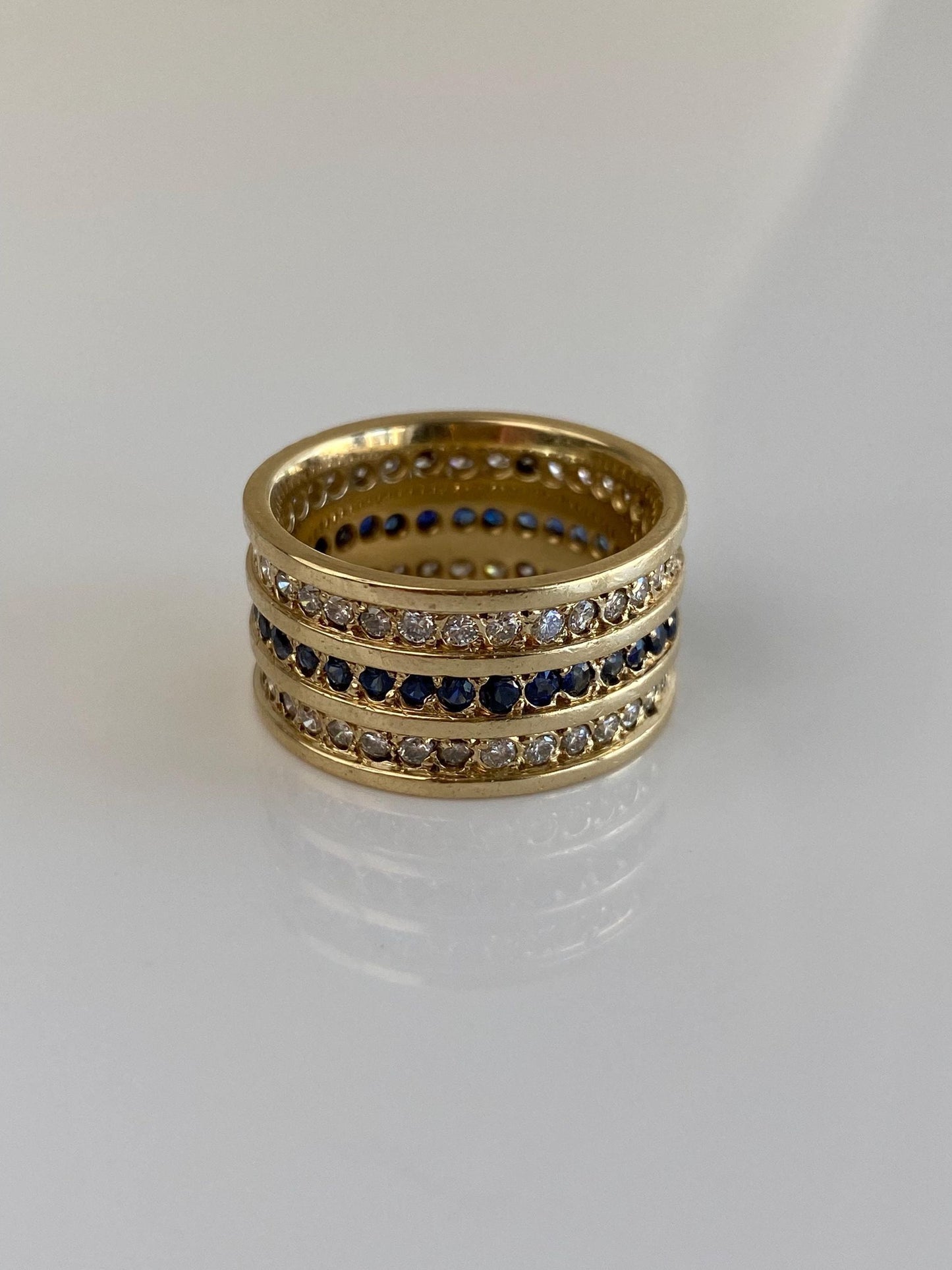 Vintage Solid 14k Yellow Gold Diamond Blue Sapphire Wide Ring Band - Size 8.5