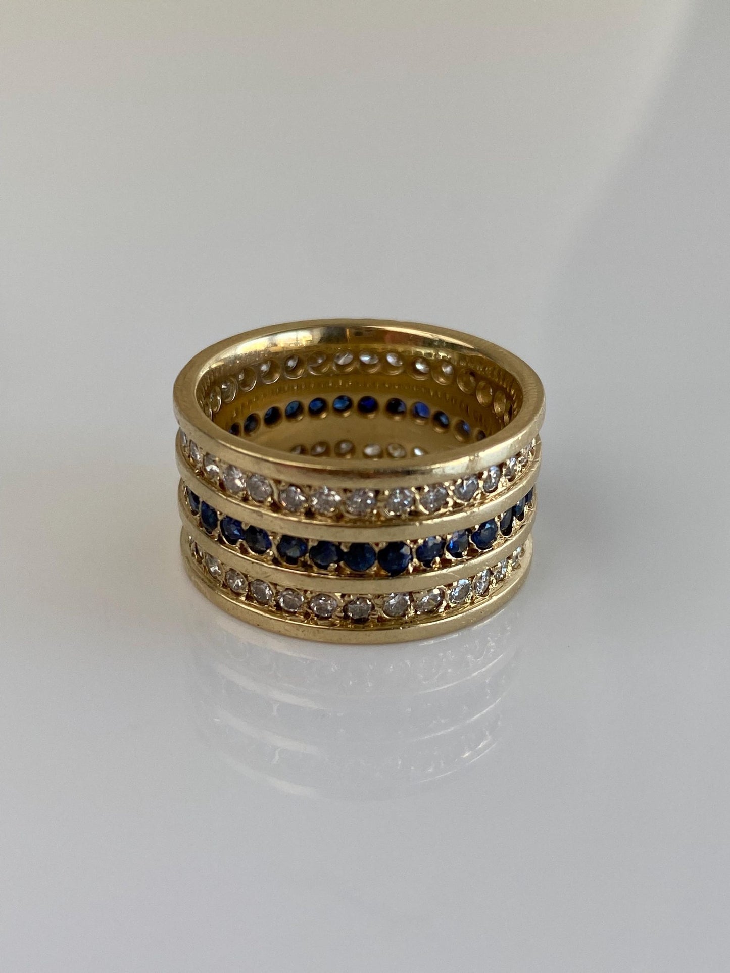 Vintage Solid 14k Yellow Gold Diamond Blue Sapphire Wide Ring Band - Size 8.5