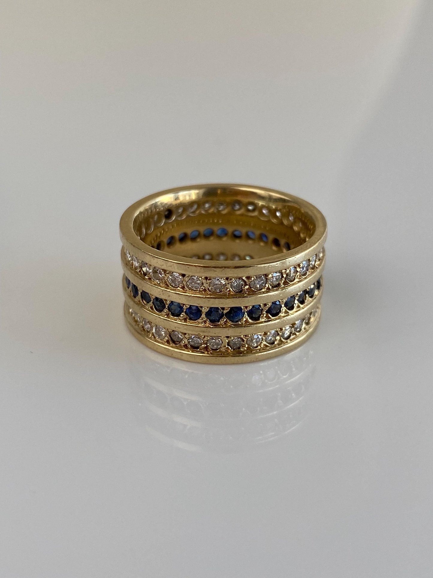 Vintage Solid 14k Yellow Gold Diamond Blue Sapphire Wide Ring Band - Size 8.5