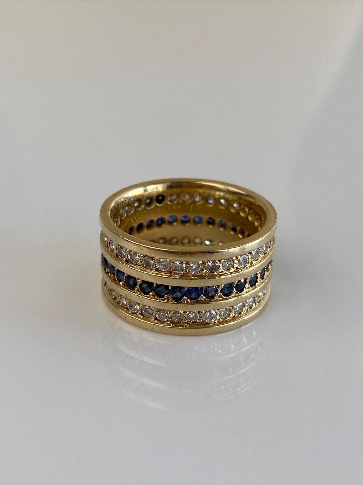 Vintage Solid 14k Yellow Gold Diamond Blue Sapphire Wide Ring Band - Size 8.5