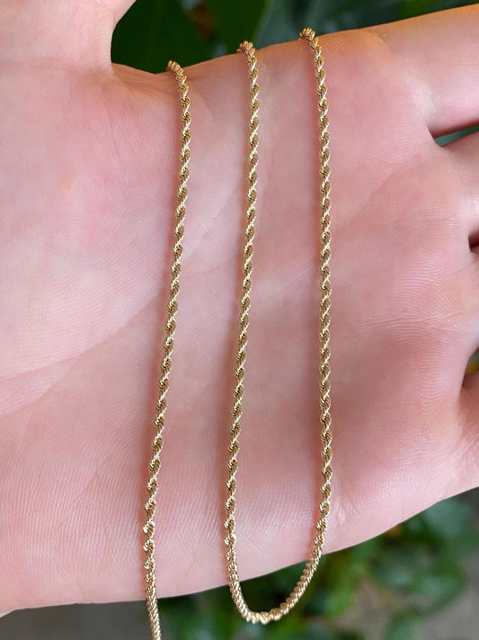 Vintage Solid 14k Yellow Gold Slim Rope Chain Necklace - 20.75 inches