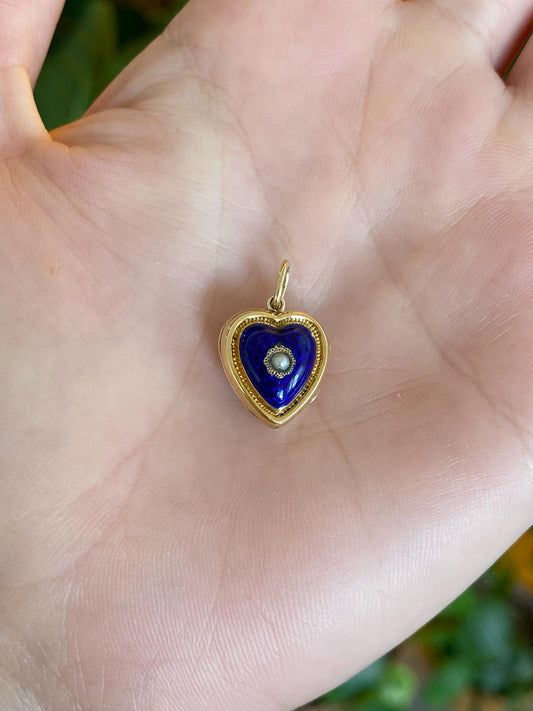 Vintage Solid 14k Yellow Gold Blue Enamel Seed Pearl Heart Locket Charm