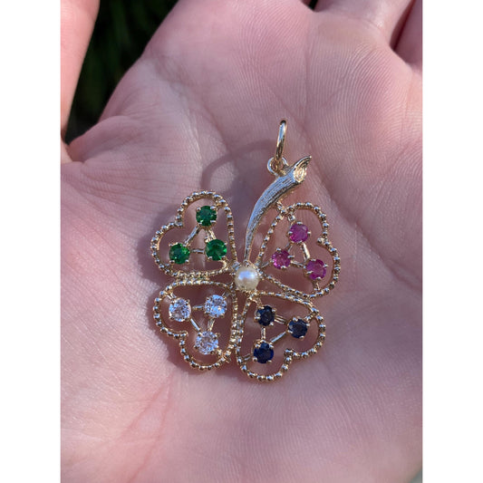 Vintage Solid 14k Yellow Gold Clear Pink & Blue Sapphire Green Cubic Zirconia Pearl Clover Charm