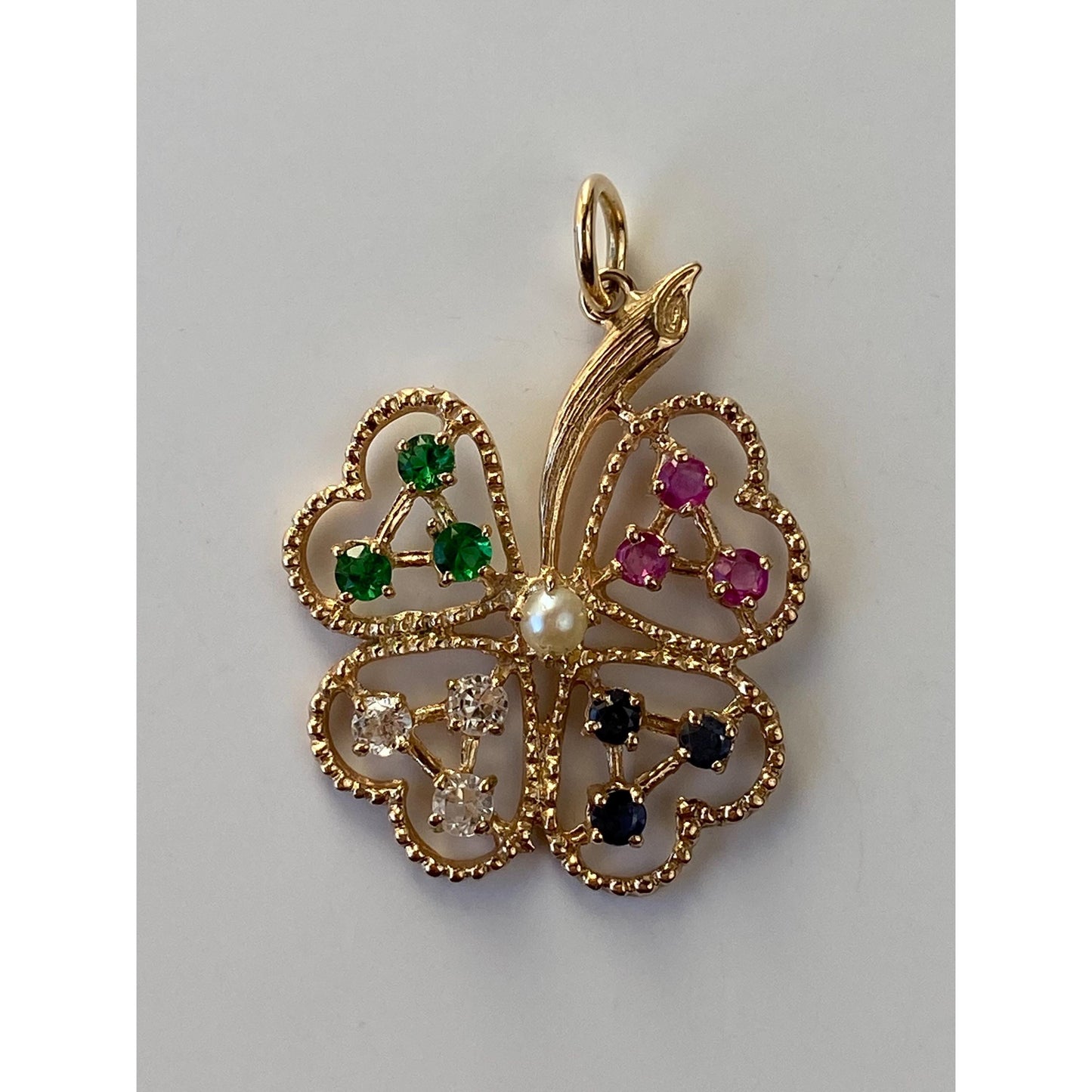 Vintage Solid 14k Yellow Gold Clear Pink & Blue Sapphire Green Cubic Zirconia Pearl Clover Charm