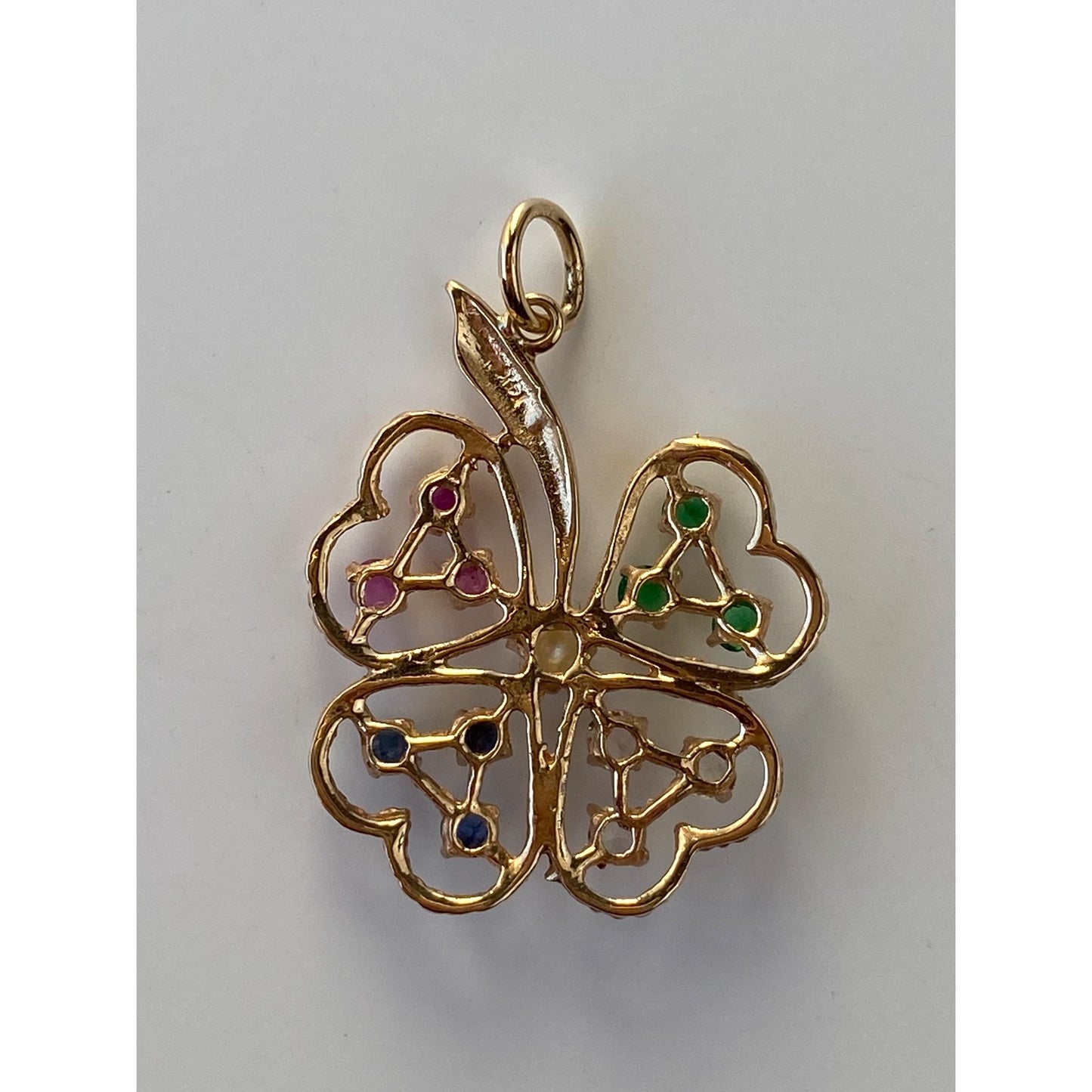 Vintage Solid 14k Yellow Gold Clear Pink & Blue Sapphire Green Cubic Zirconia Pearl Clover Charm