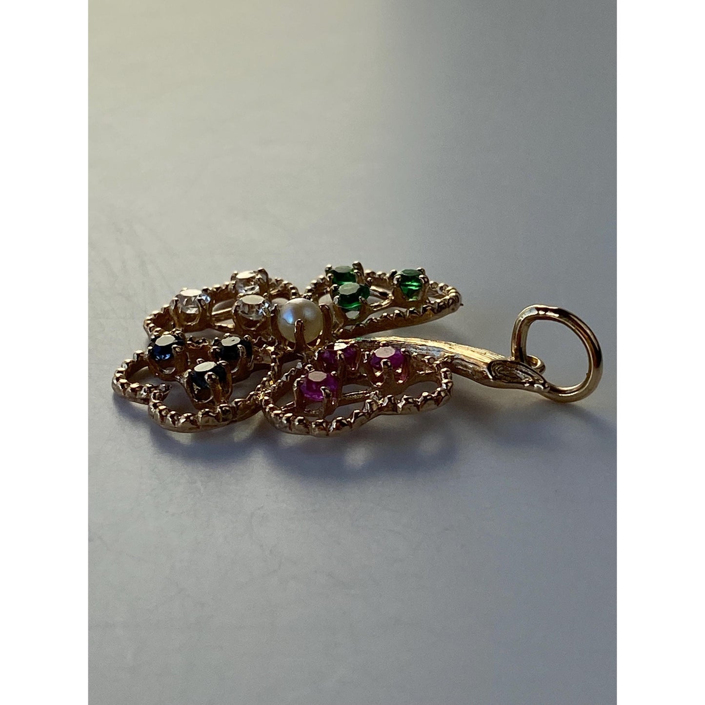 Vintage Solid 14k Yellow Gold Clear Pink & Blue Sapphire Green Cubic Zirconia Pearl Clover Charm