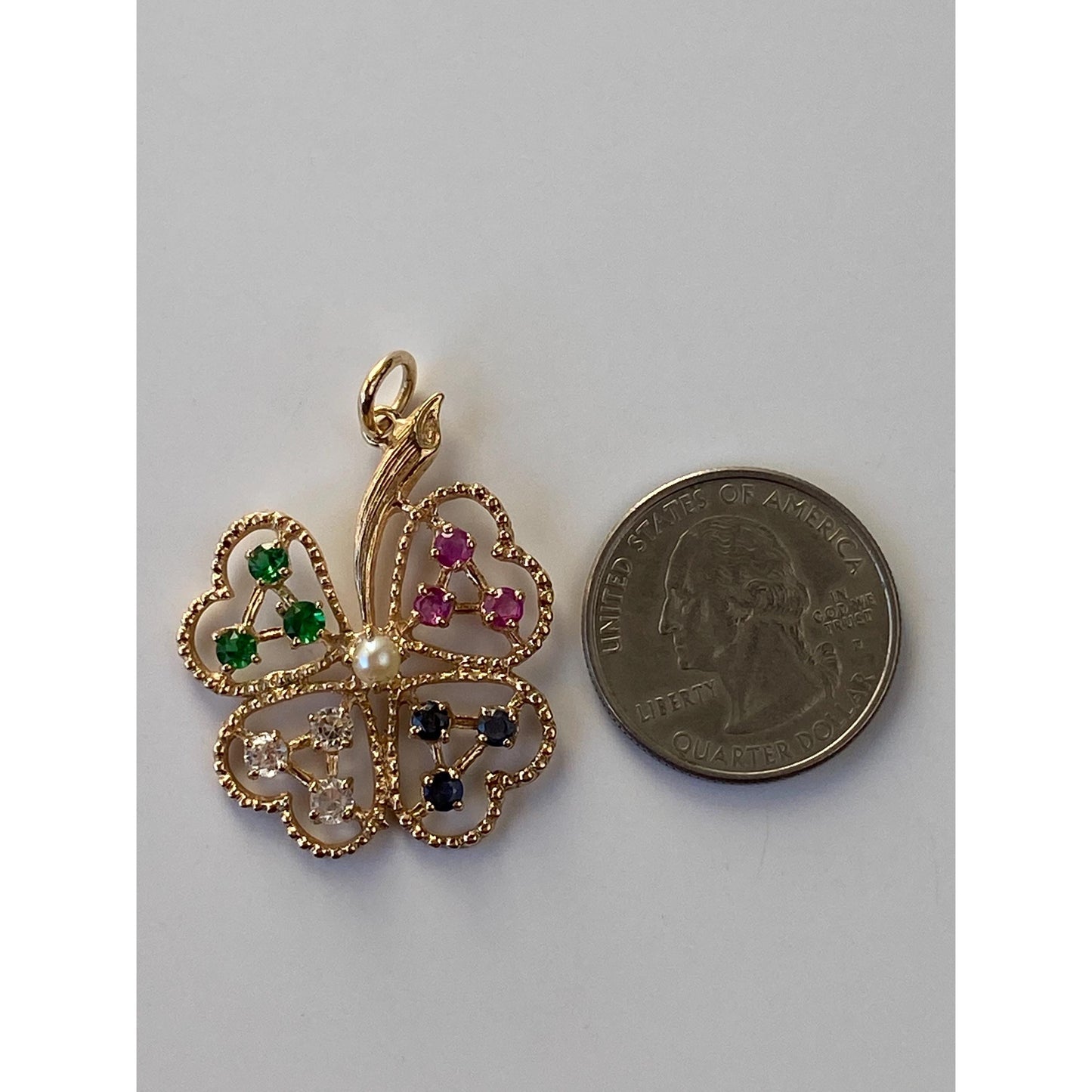 Vintage Solid 14k Yellow Gold Clear Pink & Blue Sapphire Green Cubic Zirconia Pearl Clover Charm