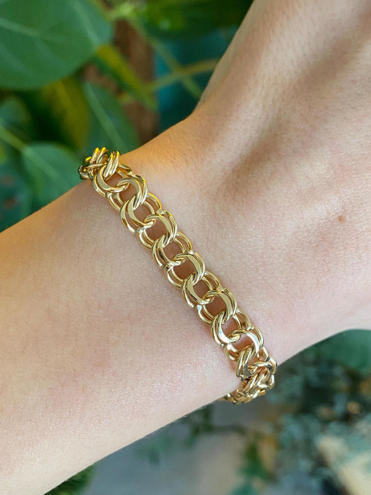 Vintage Solid 14k Yellow Gold Double Link Charm Bracelet - 7 inches