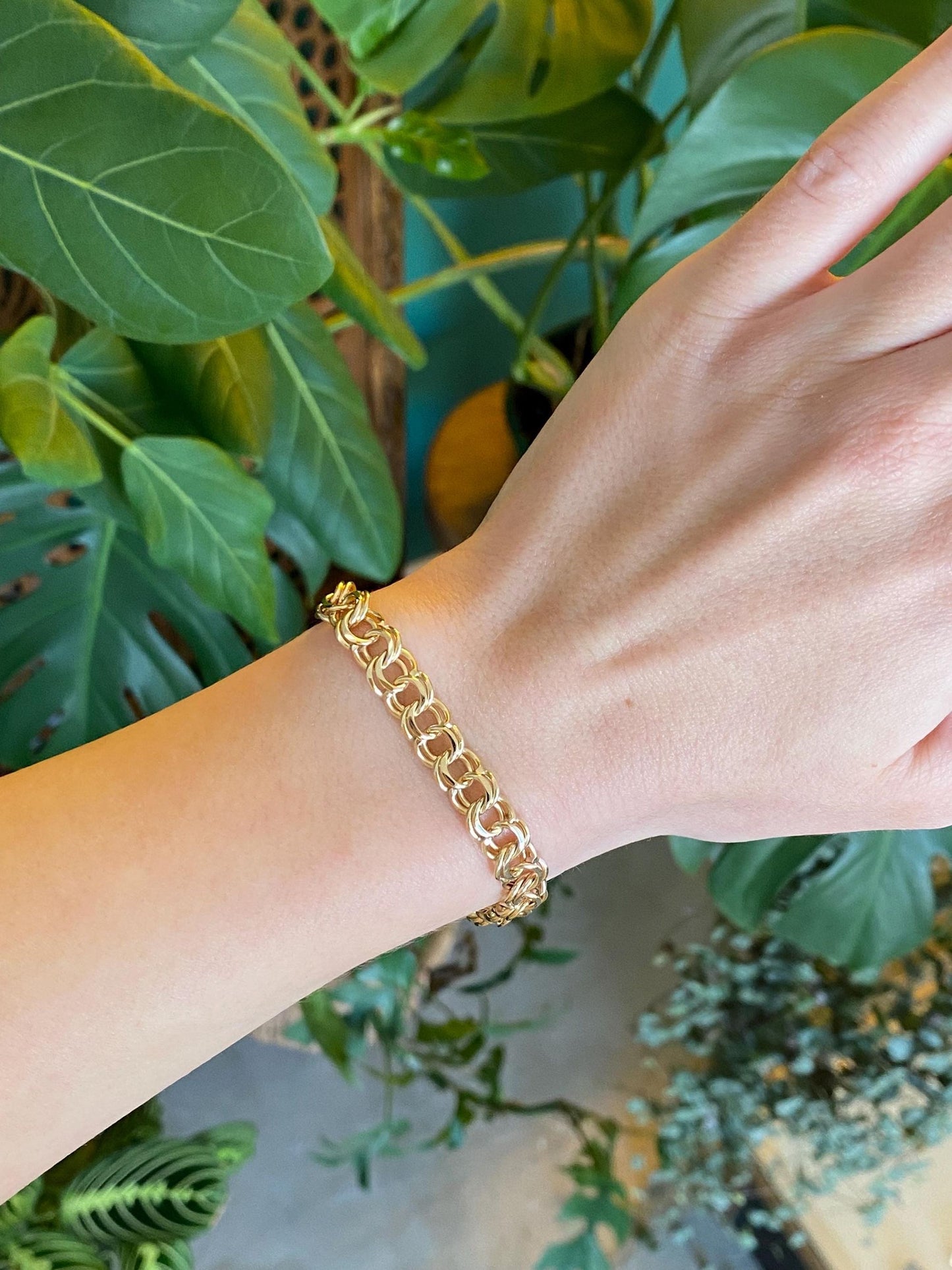 Vintage Solid 14k Yellow Gold Double Link Charm Bracelet - 7 inches