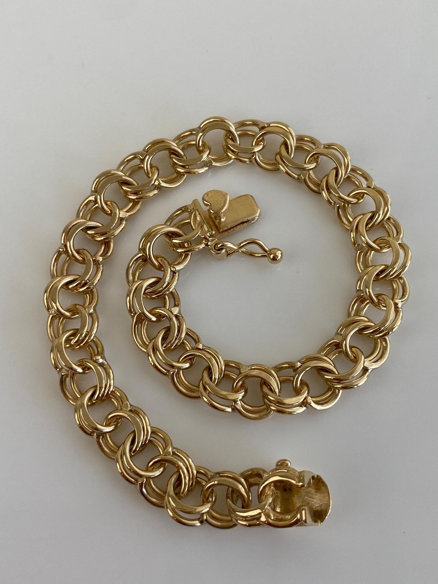 Vintage Solid 14k Yellow Gold Double Link Charm Bracelet - 7 inches