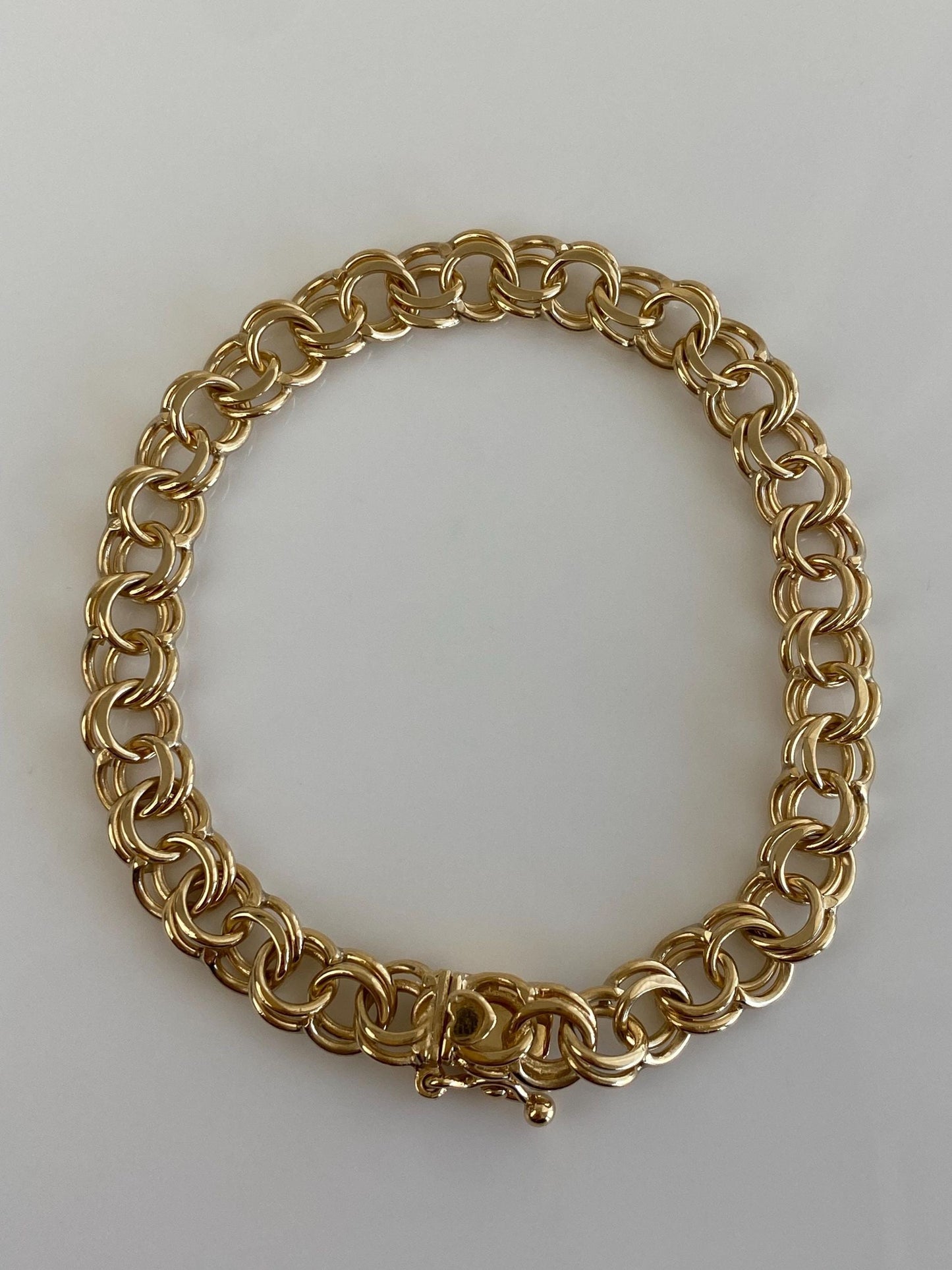 Vintage Solid 14k Yellow Gold Double Link Charm Bracelet - 7 inches