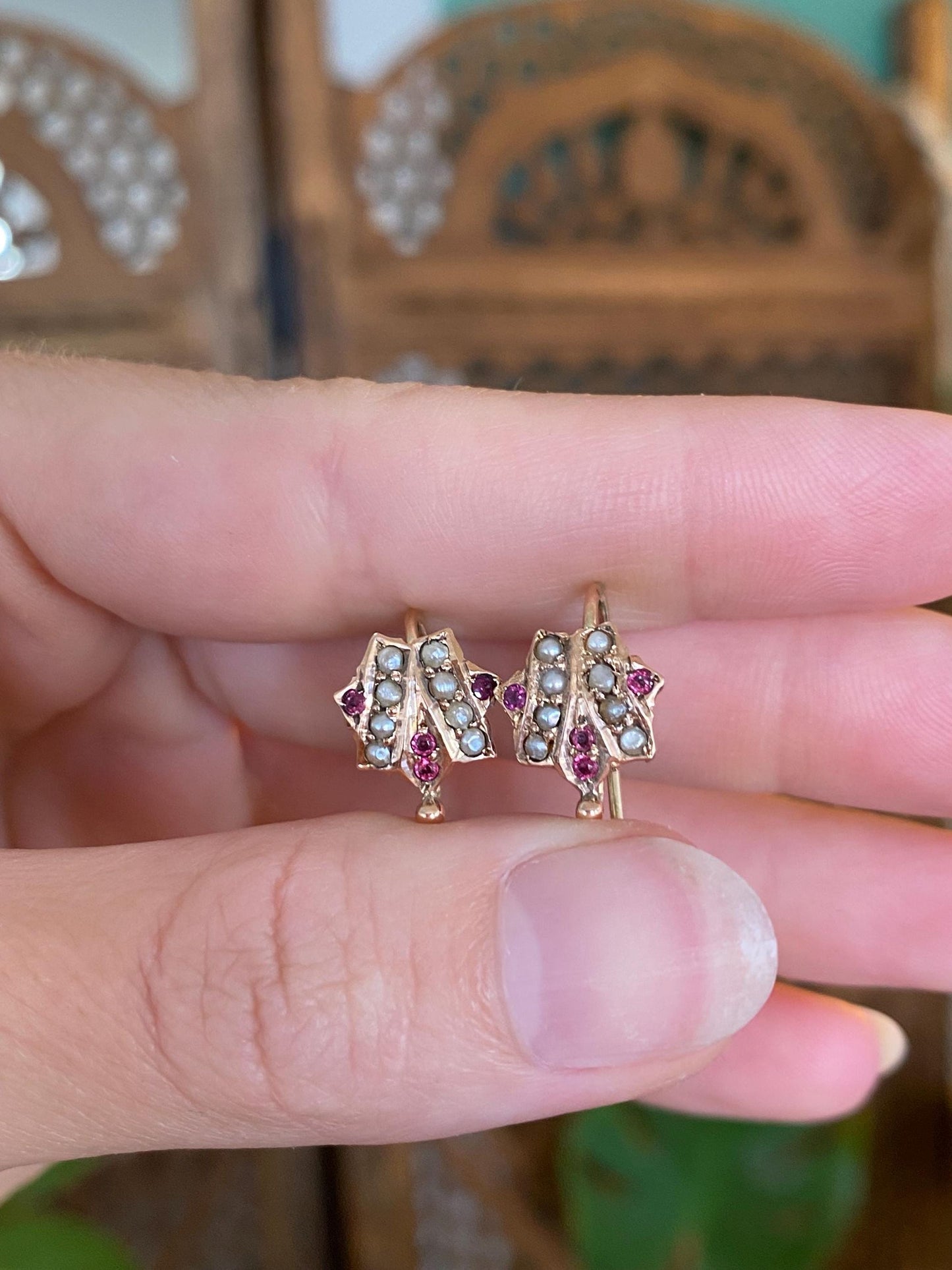 Vintage Solid 10k Rosey Gold Seed Pearl Pink Cubic Zirconia Drop Earrings