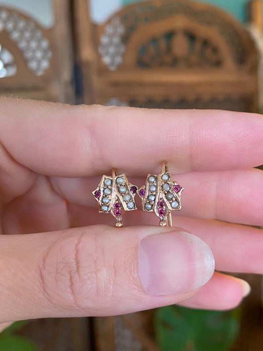 Vintage Solid 10k Rosey Gold Seed Pearl Pink Cubic Zirconia Drop Earrings