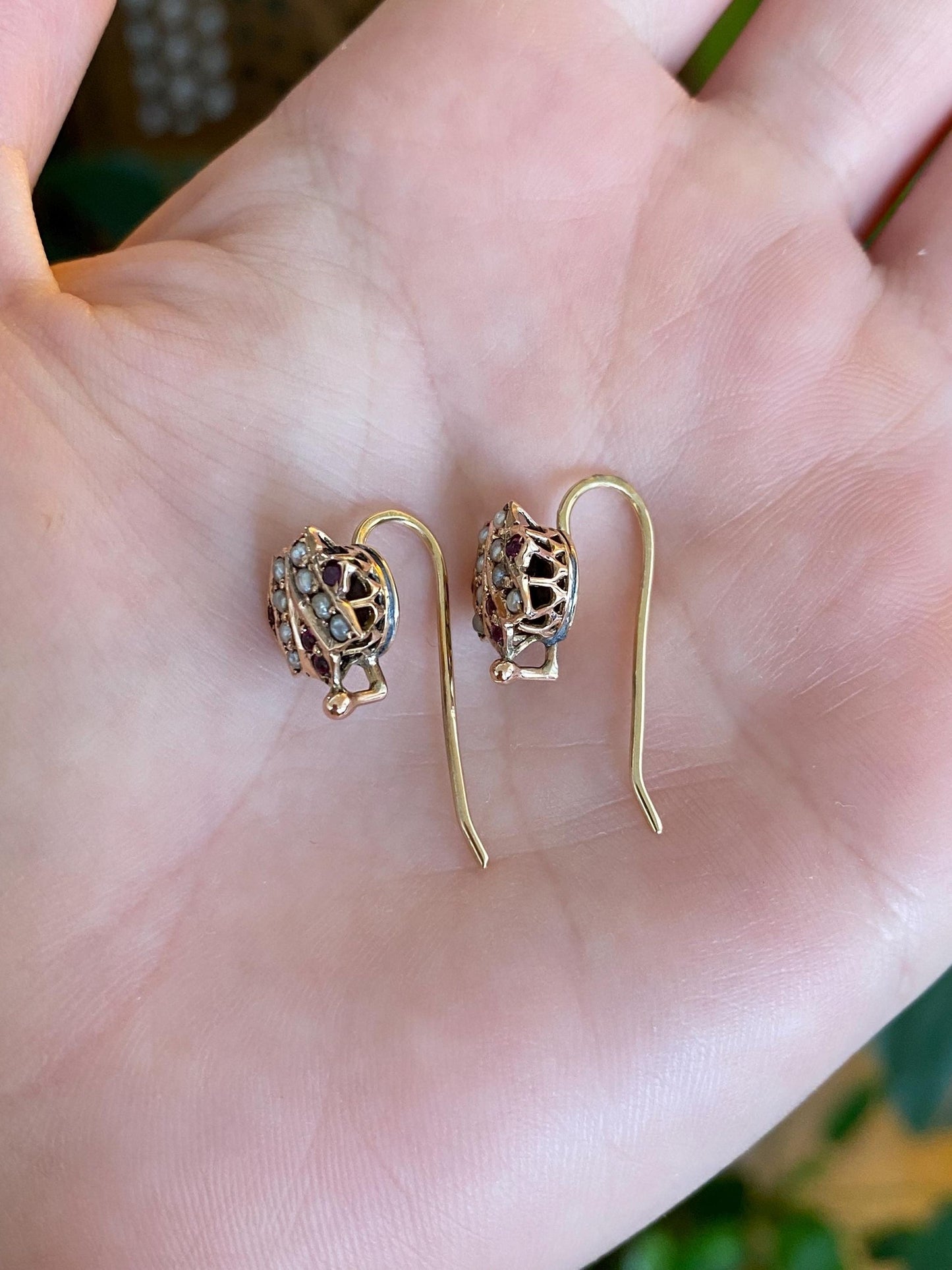 Vintage Solid 10k Rosey Gold Seed Pearl Pink Cubic Zirconia Drop Earrings