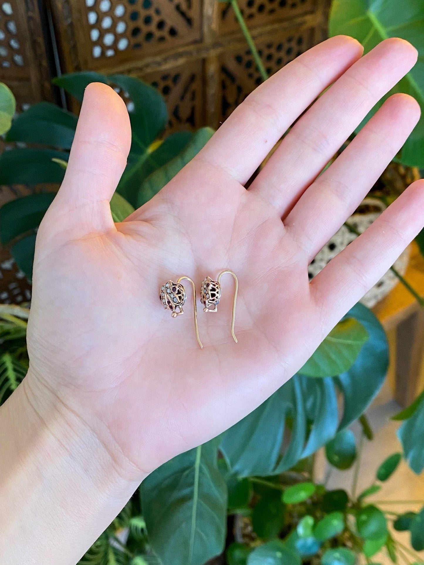 Vintage Solid 10k Rosey Gold Seed Pearl Pink Cubic Zirconia Drop Earrings