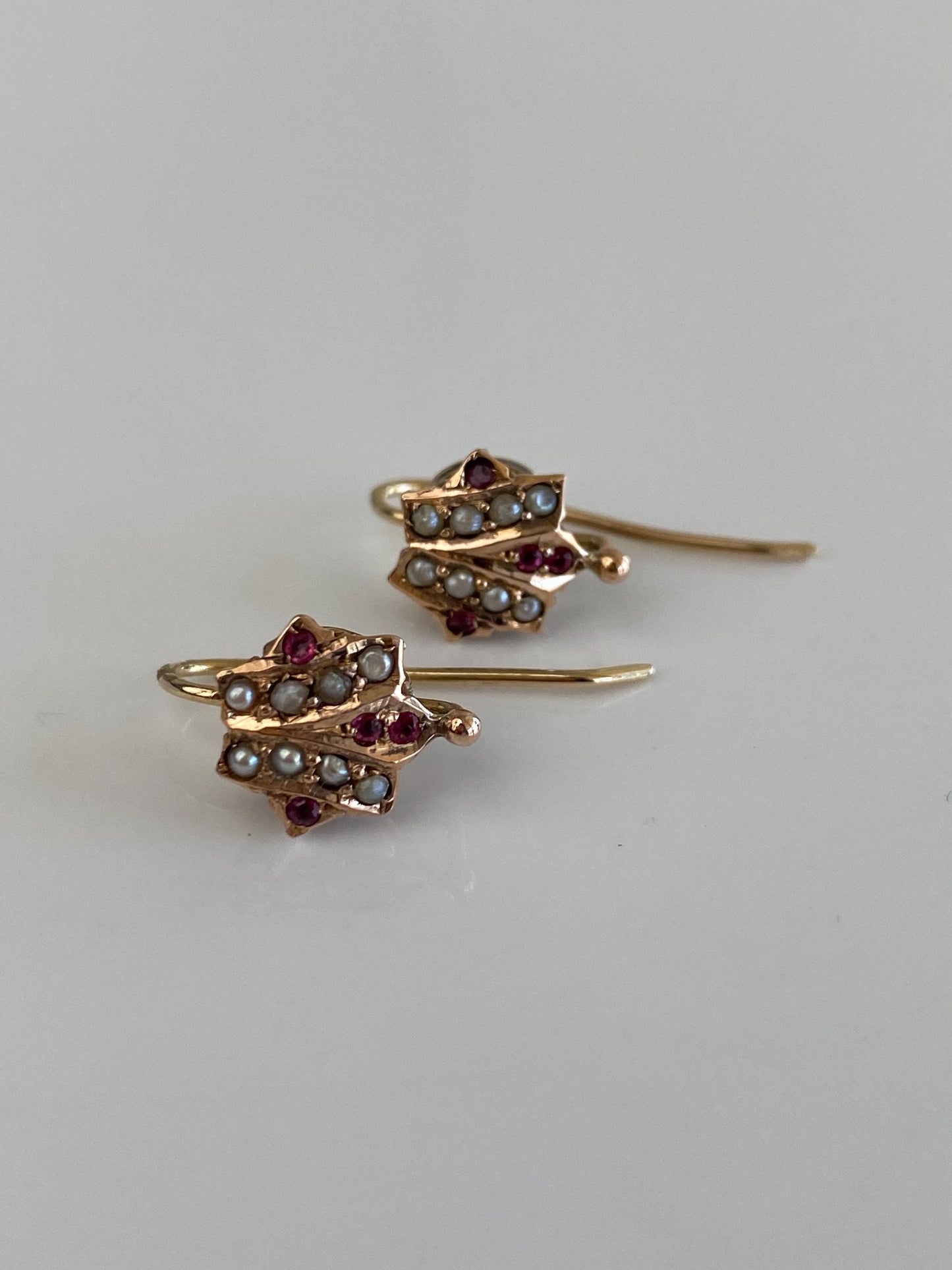 Vintage Solid 10k Rosey Gold Seed Pearl Pink Cubic Zirconia Drop Earrings