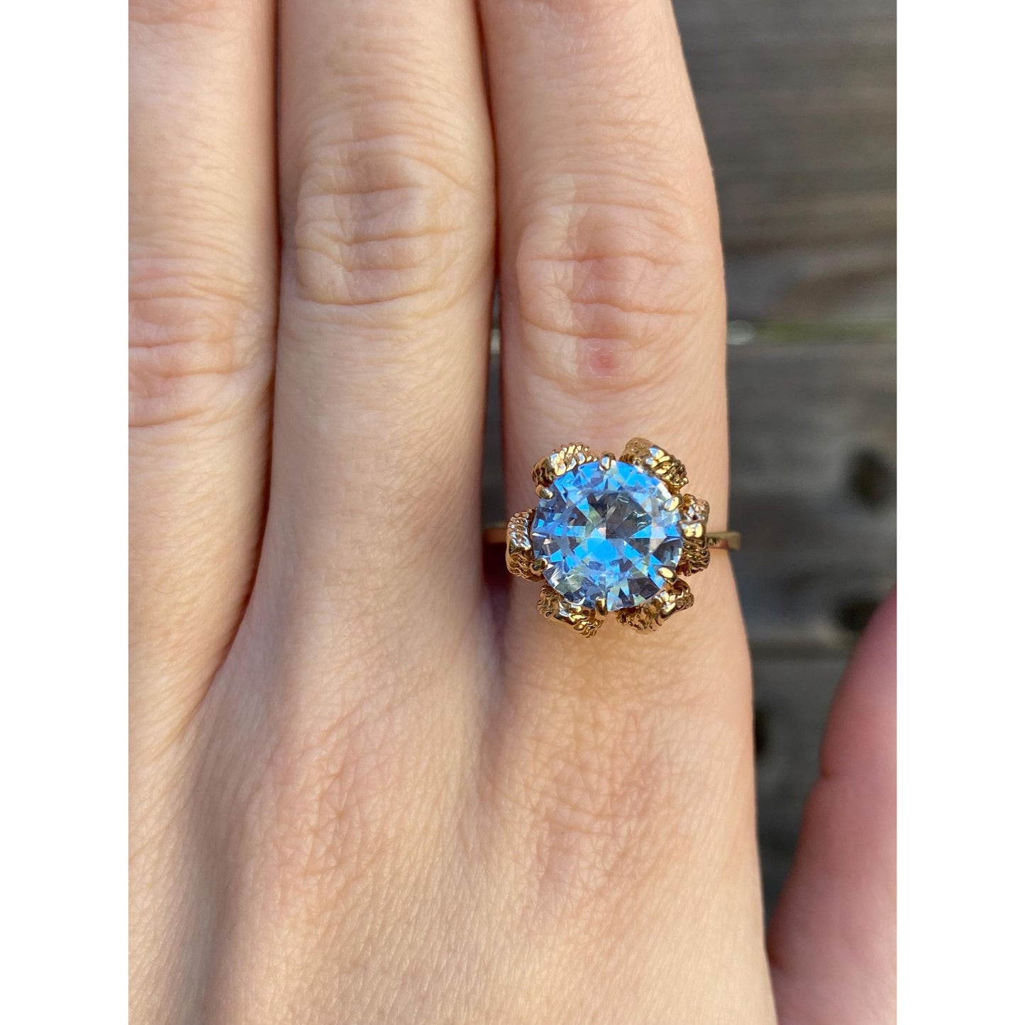 Vintage Solid 14k Yellow Gold Aquamarine Cocktail Ring - Size 7