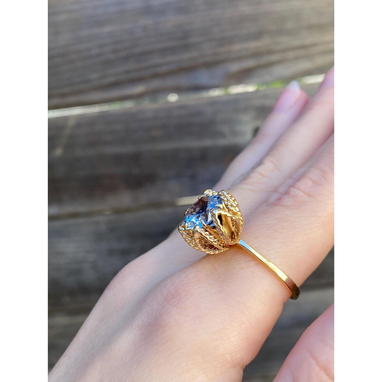 Vintage Solid 14k Yellow Gold Aquamarine Cocktail Ring - Size 7