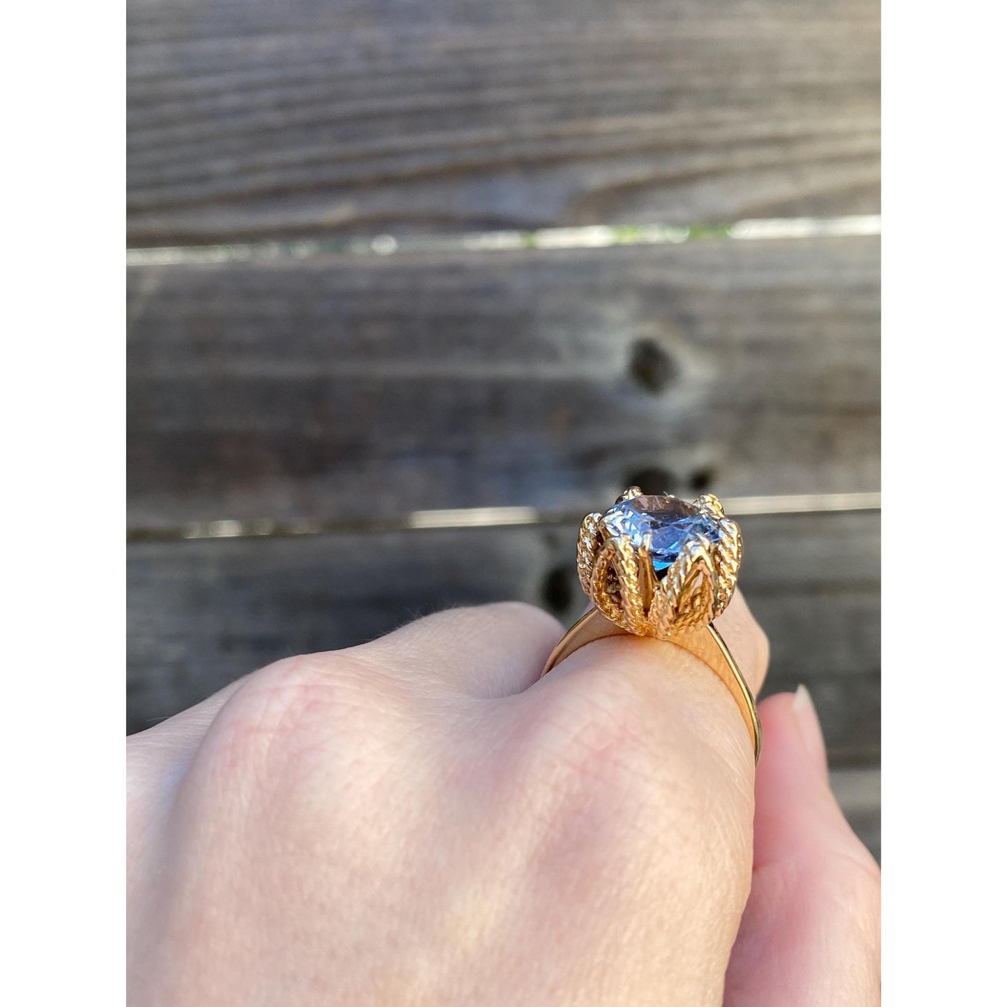Vintage Solid 14k Yellow Gold Aquamarine Cocktail Ring - Size 7