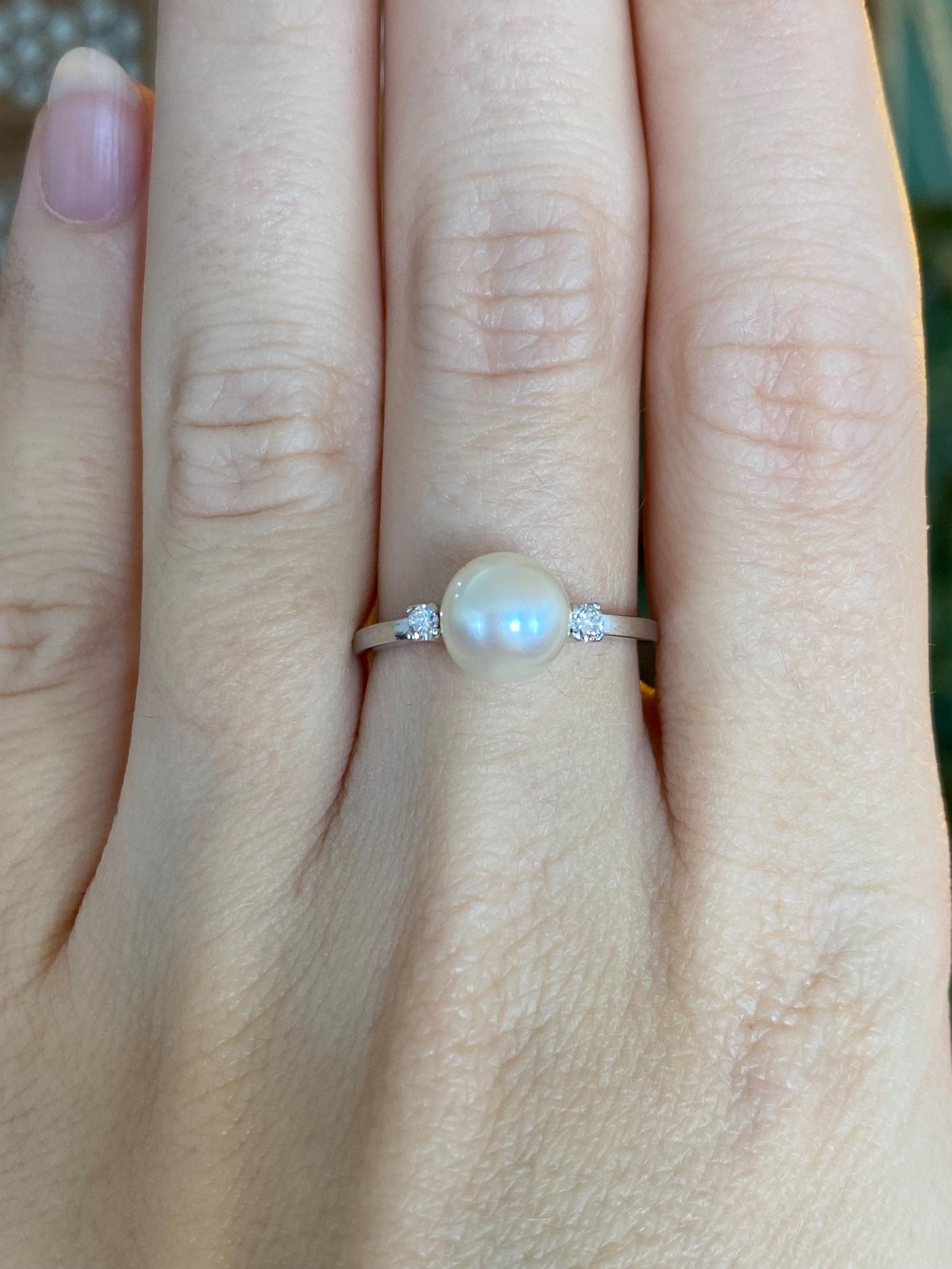 Vintage Solid Platinum Clear Sapphire Pearl Ring - Size 7