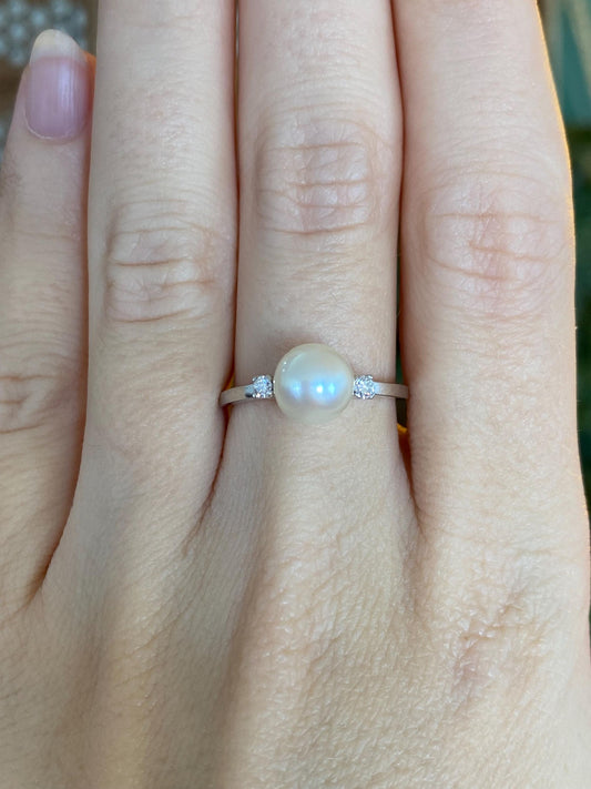 Vintage Solid Platinum Clear Sapphire Pearl Ring - Size 7