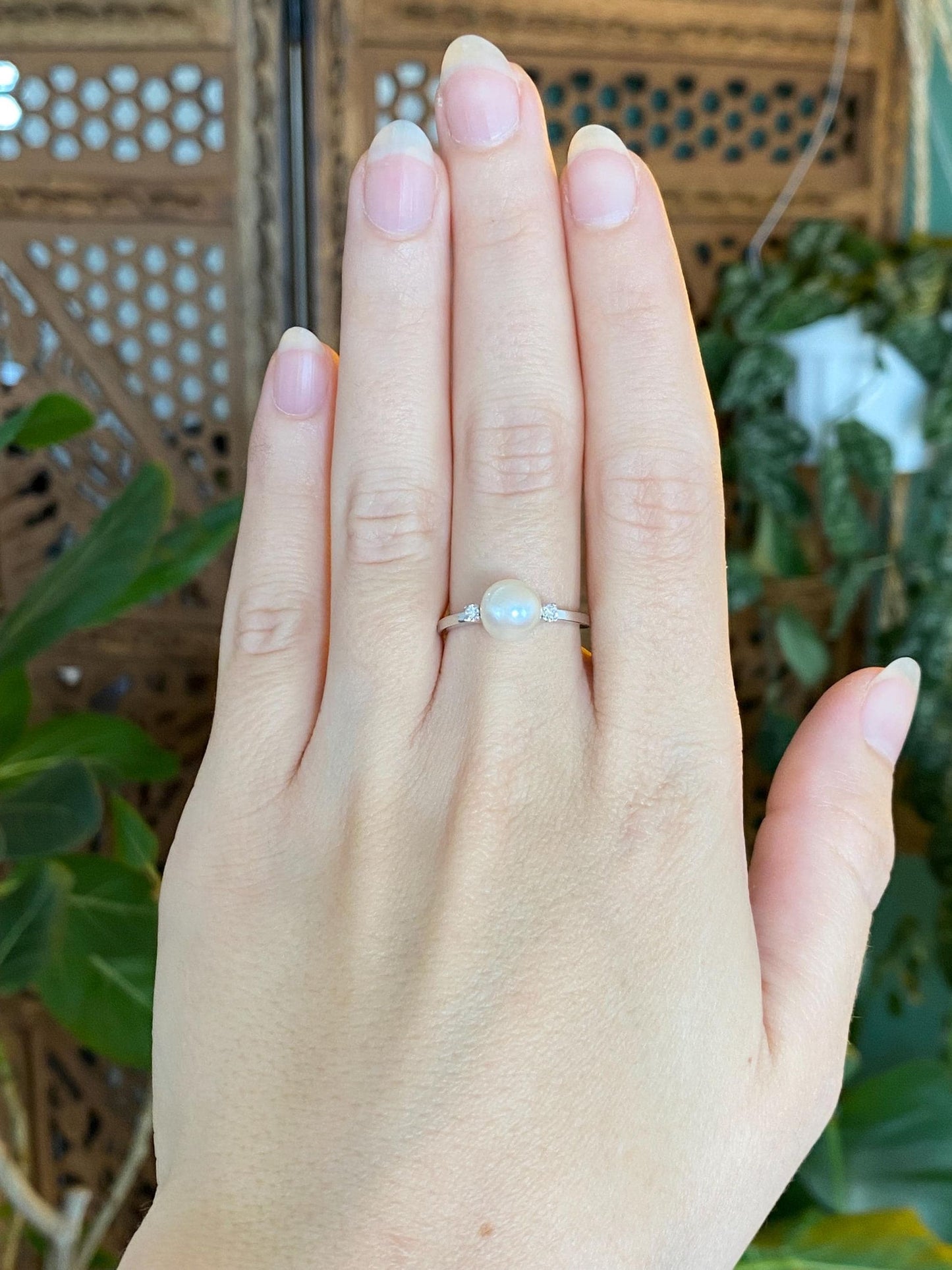 Vintage Solid Platinum Clear Sapphire Pearl Ring - Size 7