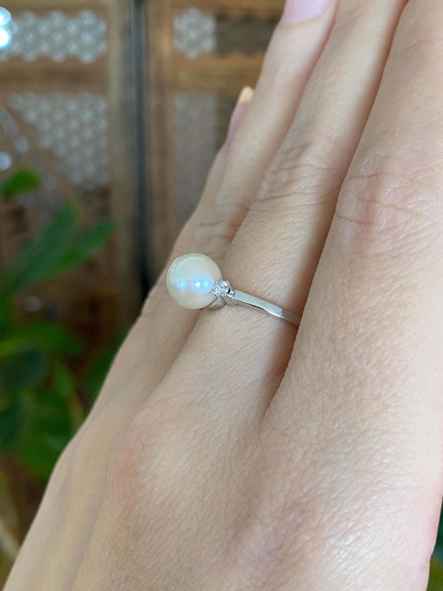 Vintage Solid Platinum Clear Sapphire Pearl Ring - Size 7