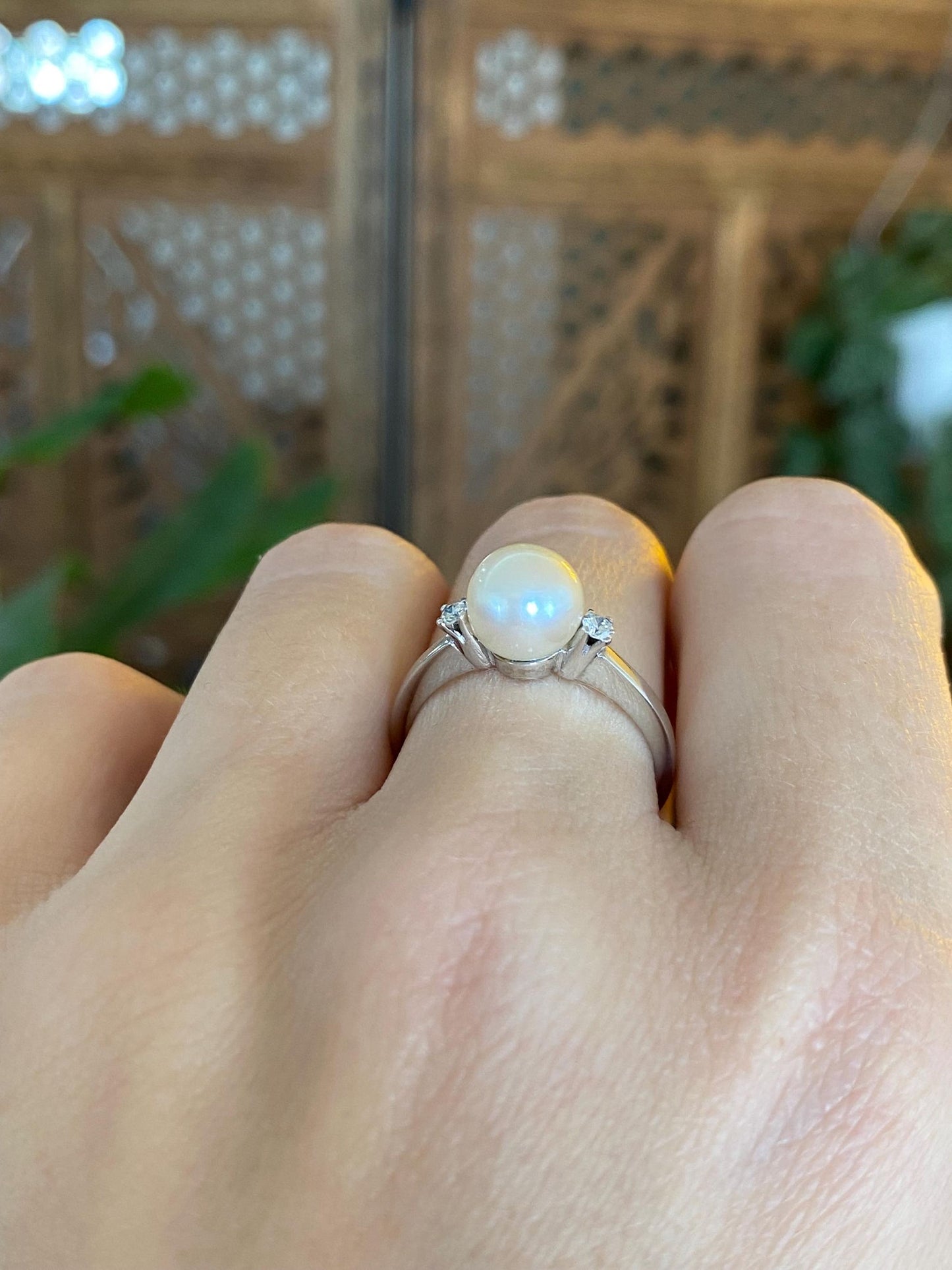 Vintage Solid Platinum Clear Sapphire Pearl Ring - Size 7