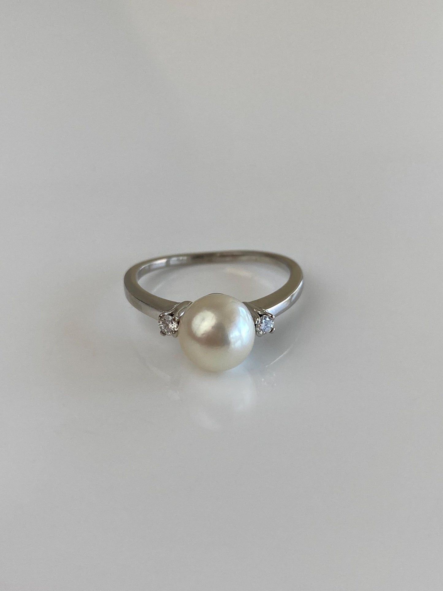 Vintage Solid Platinum Clear Sapphire Pearl Ring - Size 7