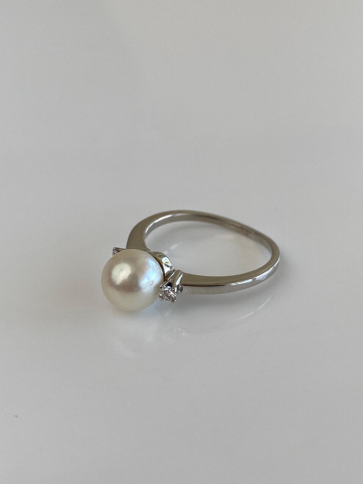 Vintage Solid Platinum Clear Sapphire Pearl Ring - Size 7