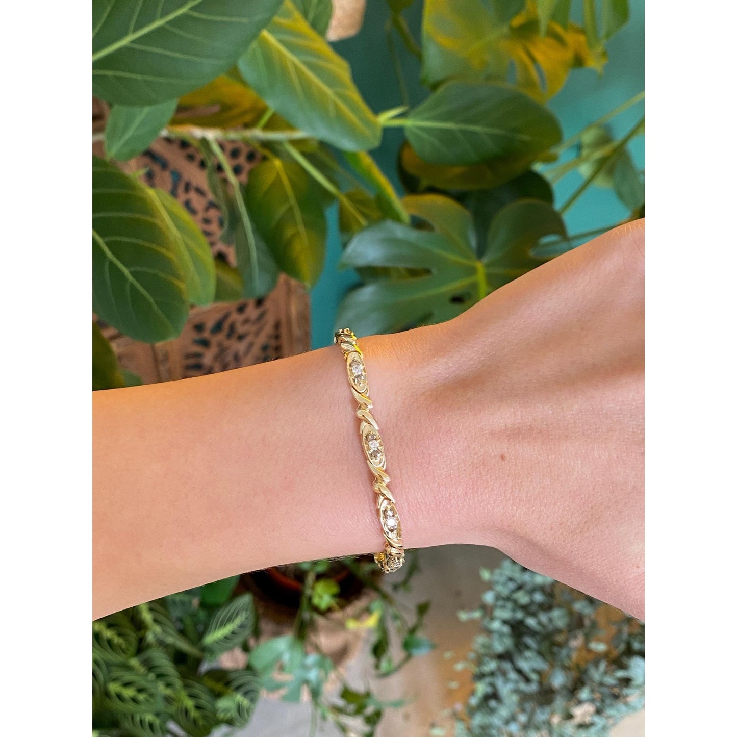 Solid 14k Yellow Gold Clear & Champagne Diamond Line Bracelet - 7 inches