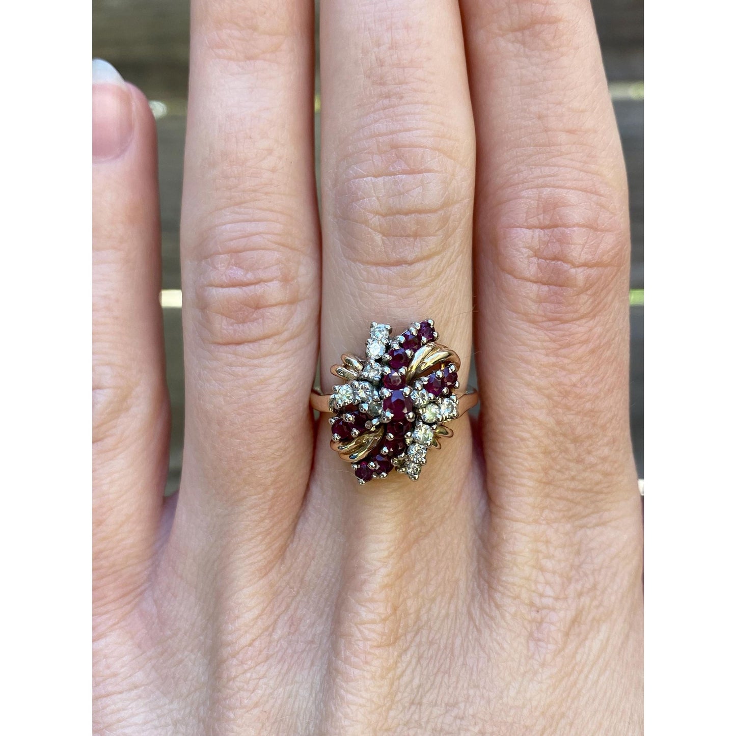 Vintage Solid 14k Yellow Gold Diamond Ruby Cluster Ring - Size 6.25