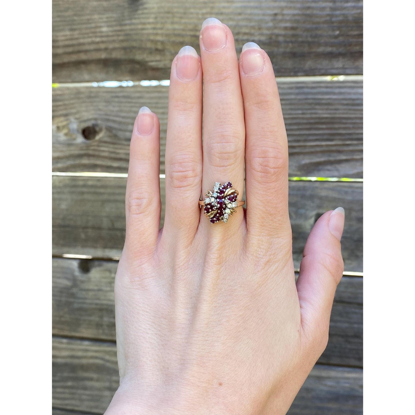 Vintage Solid 14k Yellow Gold Diamond Ruby Cluster Ring - Size 6.25